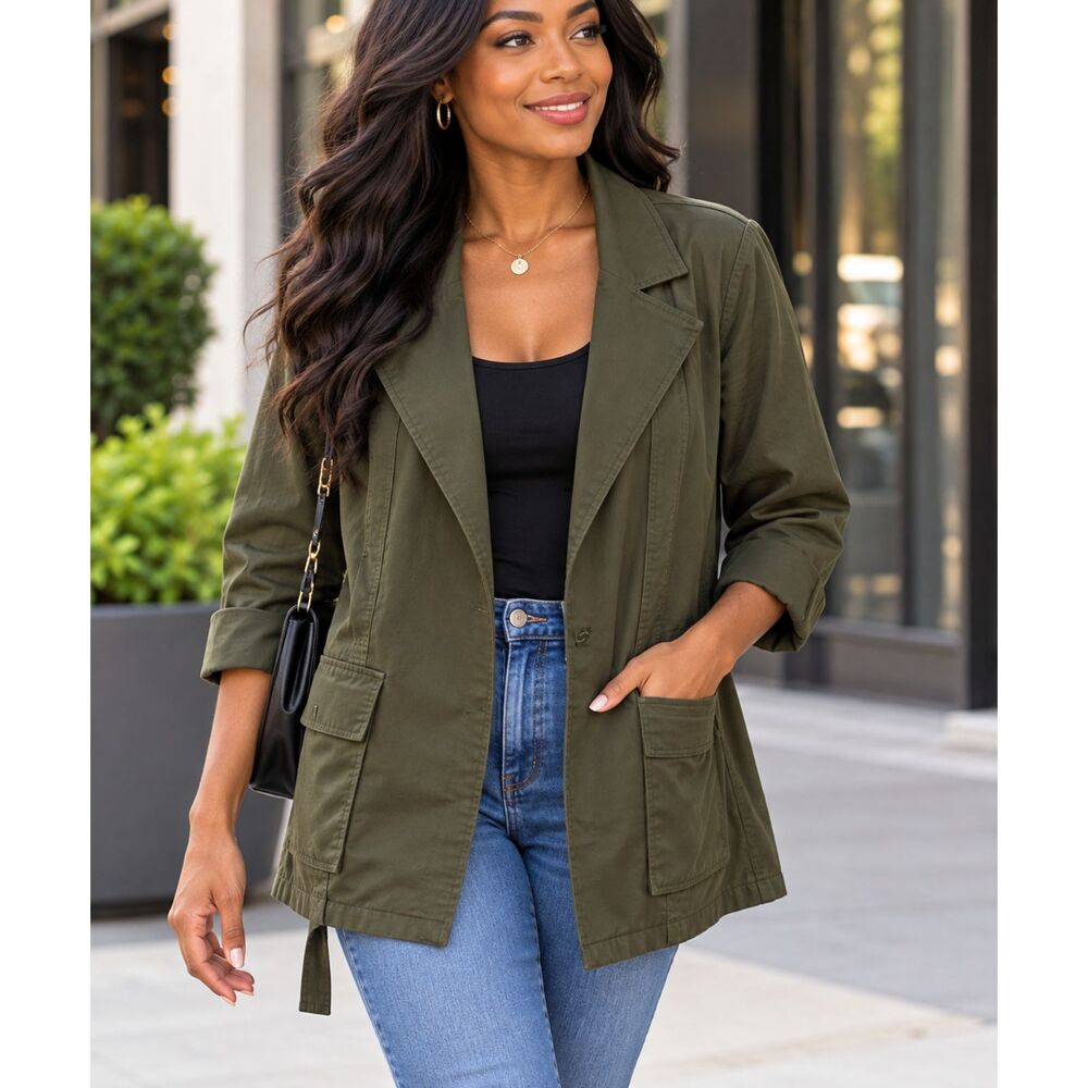 ELOQUII Olive Twill Tie Back Jacket Lined Pockets Mid-Length Long Sleeve M
